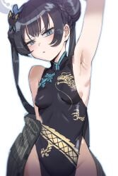 arm_up armpits black_dress black_hair blue_archive blue_eyes bow_(bhp) braid braided_bun breasts butterfly_hair_ornament china_dress chinese_clothes commentary_request double_bun double_slit_dress dragon_print dress female grey_jacket hair_bun hair_ornament halo high_slit_dress impossible_clothes impossible_dress jacket kisaki_(blue_archive) long_hair looking_at_viewer no_panties no_panties_under_dress pelvic_curtain print_dress short_dress side_slit simple_background skin_tight sleeveless sleeveless_dress slit_dress small_breasts solo striped_clothes striped_jacket thighs twintails vertical-striped_clothes vertical-striped_jacket white_background