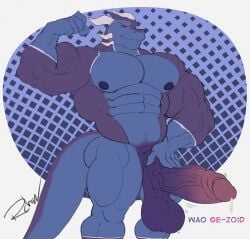 anthro ass balls big_penis bodily_fluids dragon dripping flexing genital_fluids genitals hi_res horn huge_cock male muscular muscular_male mythological_creature mythological_scalie mythology nipples penis precum precum_drip remochi scalie solo tail wao_(e-zoid)