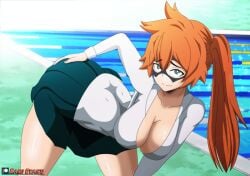 1girls ass bangs bent_over big_ass big_breasts blunt_bangs cleavage clothed clothed_female clothes dat_ass domino_mask female female_only green_eyes hand_on_ass hand_on_own_ass huge_ass itsuka_kendou kami_otaku kendou_itsuka large_breasts legwear looking_at_viewer mask my_hero_academia orange_hair ponytail pool poolside posing school_uniform schoolgirl smile standing tied_hair water