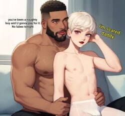 1boy 1femboy 2boys 3d abs afroking age_difference ai_generated anime_style athletic athletic_male beard blue_eyes bulge caption crossdressing crossdressing_male cute dark-skinned dark-skinned_male english_text exposed_breasts exposed_nipples exposed_torso facial_hair femboy feminine_male feminization fit fit_male flat-chested flat_chest gay hairless interracial lipstick makeup male male/male male_only muscles muscular muscular_male pale-skinned_male pale_skin pantyhose petite red_lipstick scared scared_expression short_hair silver_hair sissy sitting sitting_on_lap sitting_on_person size_difference skinny text topless topless_male twink white_hair white_pantyhose yaoi