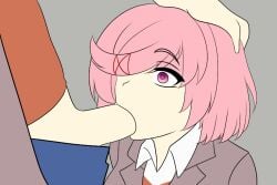 1boy 1girls blowjob doki_doki_literature_club duo fellatio female female_focus gabrielvizari hair_ribbon heart-shaped_pupils male natsuki_(doki_doki_literature_club) oral penis penis_in_mouth pink_eyes pink_hair school_uniform schoolgirl