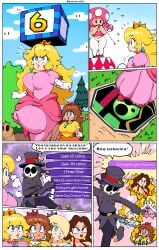 1boy 5girls anti_groove big_breasts blonde_female blonde_hair blue_eyes comic comic_page crown dialogue dice dress earrings excited forest gloves heels lipstick mario_(series) mario_party mask pauline pauline_(mario) pink_dress princess princess_daisy princess_peach princess_rosalina quavernsfw shortstack shy_guy tan_body tan_skin tanned toad_(mario) toadette top_hat tree worried