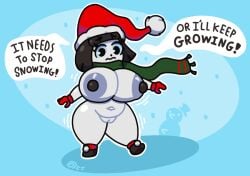 1girls black_eyes black_hair breast_expansion christmas coal female_only gloves hip_expansion holidays holly_jollybum huge_breasts naked navel nude octotron2000 plump pussy santa_hat scarf self_upload shiny_skin shoes shortstack snow snowman snowwoman solo solo_female someone_else's_oc speech_bubble text thick_thighs thigh_expansion white_body wide_hips