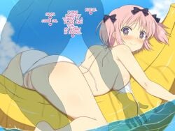 before_sex blush floatie from_behind hibari_(senran_kagura) pink_hair senran_kagura short_hair swimsuit swimsuit_aside tagme text water yaomai