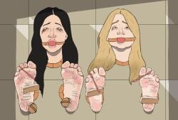arches ball_gag best_friends black_hair blonde_female bondage canada crying feet female gag gagged humiliation peril soles stocks taunting teenager tickle_fetish tickle_torture tickling tickling_feet ticklish toes trophy wall wall_trophy writing_on_skin
