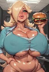 ai_generated blonde_hair blue_eyes breasts_bigger_than_head burger huge_breasts jessicabreas nintendo nipples office office_lady plump plump_lips princess_rosalina super_mario_galaxy sweat sweatdrop wide_hips