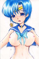 ami_mizuno bishoujo_senshi_sailor_moon blue_eyes blue_hair blush breasts female female_only human kirasu large_breasts nipples sailor_mercury solo