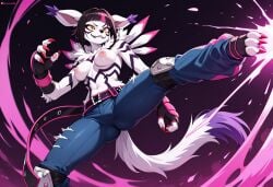 ai ai_generated animal_ears belt black_hair breasts breasts claws digimon female fingerless_gloves fur furry furry_female fusion hybrid jeans juri_han kicking knee_pads open_legs self_upload stable_diffusion street_fighter street_fighter_iv tail weregarurumon wolf_tail yellow_eyes