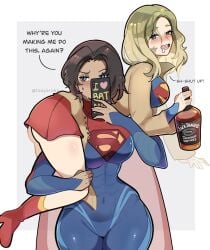 2girls alcohol ass breasts drunk english_text female female_focus female_only hi_res jack_daniel's kara_zor-el large_breasts light-skinned_female light_skin phone selfie short_hair supergirl supergirl_(dcu) supergirl_(sasha_calle) superheroine superman_(series) text thick_thighs thighs tight_clothing touyarokii wide_hips