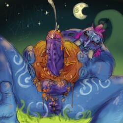 blue_body halloween kittenmaws male_only pierced_penis pumpkin pumpkin_masturbation troll_(warcraft) tusks world_of_warcraft