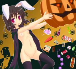 1girls :p anal_beads animal_ears black_legwear black_thighhighs breasts brown_hair bunny_ears candy carrot dice female halloween highres jack-o'-lantern karakasa_obake lollipop naked_cape naked_thighhighs navel nipples noveske_n4 pumpkin pussy red_eyes short_hair solo tewi_inaba thighhighs tongue touhou umbrella uncensored vibrator