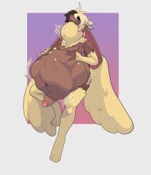 absurd_res anthro anthro_pred belly big_belly brown_body brown_fur foxynoms fur generation_4_pokemon genitals hair hi_res humanoid_genitalia humanoid_penis lagomorph lopunny male male_pred mammal neck_bulge nintendo nude oral_vore penis pokemon pokemon_(species) simple_background solo swallowing tan_body tan_fur vore