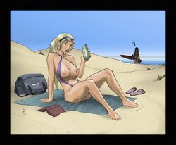 anna_williams areolae barefoot beach breasts colored female human legs namco nina_williams nipples pixelking sling_bikini sling_bikini_aside smile sunglasses tekken thighs