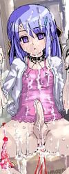 blood bukkake crossdressing cuffs cum dress erection handcuffs lowres panties penis pink_dress purple_eyes purple_hair same_artist_1 trap underwear