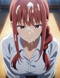 1girls a_lot_of_cum after_bukkake ai_generated big_breasts breasts bukkake chainsaw_man closed_mouth clothed cum_drip cum_on_face cum_on_hair cute cute_face female female_only makima_(chainsaw_man) morindar open_eyes red_hair shirt white_shirt yellow_eyes