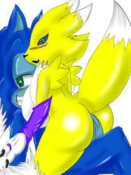 anthro bandai black_sclera blue_eyes blue_fur crossover digimon elbow_gloves face_markings gloves green_eyes hguy44 renamon sega sharp_teeth smug sonic_(series) sonic_team sonic_the_werehog sonic_unleashed straight video_games vulpine werehog white_fur