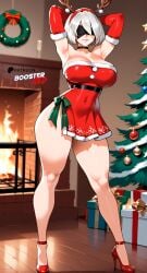 ai_generated bare_shoulders black_choker blindfold boosterred99 choker christmas christmas_clothing christmas_outfit christmas_tree dress full_body fully_clothed handbag heels high_heels large_legs legs nier:_automata pony_diffusion_xl red_dress santa_costume seductive_smile strapless thighs white_hair white_thong yorha_2b