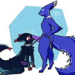 1:1 anthro artist_name big_tail blush collar colored digital_drawing_(artwork) digital_media_(artwork) digitigrade dominant duo erection femboy fur genitals geometric_background gurli hi_res inv_(rain_world) leash leash_pull leashed_collar male male/male markings paws penis penis_on_face purple_body purple_fur rain_world shaded simple_background simple_shading slugcat standing submissive submissive_male tail tail_markings tapering_penis the_impulse videocult