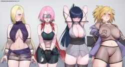 4girls absurdres arm_warmers bike_shorts black_gloves black_hair blonde_hair bound bound_wrists breasts female female_only female_pubic_hair fishnet_top fishnets forehead_protector gag gloves gorgeous_mushroom highres hyuuga_hinata ino_yamanaka konohagakure_symbol kunai large_breasts looking_at_viewer multiple_girls naruto naruto:_the_last naruto_(series) no_panties ofuda ofuda_on_nipples pasties pink_hair pubic_hair pubic_hair_peek sakura_haruno short_shorts shorts steaming_body temari weapon