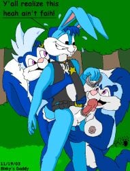 2003 animal_genitalia anthro aroma_skunk balls belt binky's_father_(rutwell) blue_body blue_fur blue_hair breasts buckteeth clothed clothing cuff_(restraint) female fluffy fluffy_tail forest fragrance_skunk fur genitals group hair kthanid_(artist) lagomorph leporid male male/female mammal mephitid nipples nude open_clothing open_topwear open_vest outside penis pink_nose plant pussy rabbit restraints rutwell_forest scut_tail sheath short_tail shrub sibling_(lore) sister_(lore) sisters_(lore) skunk tail teeth toony topwear tree trio twins_(lore) vest