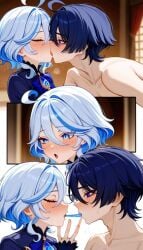 1boy 1girls ai_generated ass blue_eyes blue_hair female furina_(genshin_impact) genshin_impact kissing making_out male male/female scaramouche_(genshin_impact) straight tagme