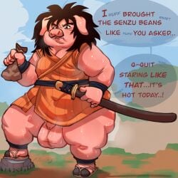 1:1 absurd_res anthro balls big_balls bodily_fluids dragon_ball fluffo_boyo genitals hair hi_res holding_object katana long_hair male mammal melee_weapon musk musk_clouds obese obese_male overweight overweight_anthro overweight_male peeking_penis solo suid suine sus_(pig) sweat sweaty_balls sweaty_genitalia sword thick_thighs weapon yajirobe