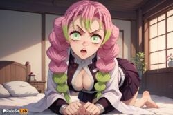 1girls ai_generated all_fours anime_girl anime_style artist_name barefoot bed belt black_skirt blush braid breasts cleavage demon_slayer_uniform gradient_hair green_eyes green_hair haori hi_res indoors japanese_clothes kanroji_mitsuri large_breasts long_hair long_sleeves looking_at_viewer medium_breasts mole mole_under_each_eye mole_under_eye multicolored_hair multiple_moles on_bed open_mouth partially_unbuttoned patreon_logo patreon_username pillow pink_hair plant pleated_skirt rule34lab skirt solo twin_braids two-tone_hair uniform window