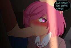 blowjob blush doki_doki_literature_club fellatio gabrielvizari hair_ribbon heart-shaped_pupils hiding natsuki_(doki_doki_literature_club) oral pink_eyes pink_hair school_uniform schoolgirl