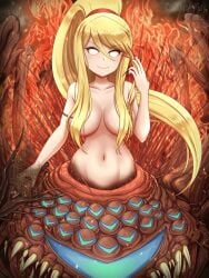 blonde_female blonde_hair breasts breasts_out canadiananiguy chaos_witch_quelaag dark_souls long_nails metroid monster_girl nude sa-x samus_aran spider spider_girl tits tits_out