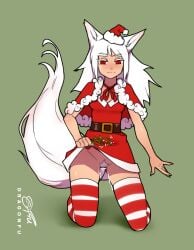 animal_humanoid blush bodily_fluids breasts canid canid_humanoid canine canine_humanoid christmas christmas_clothing christmas_headwear clothed clothing clothing_lift dragonfu dress dress_lift female genital_fluids genitals hair hat headgear headwear hi_res holidays humanoid legwear mammal mammal_humanoid pubes pussy red_eyes santa_dress santa_hat shinyuu_(character) solo tail thigh_highs vaginal_fluids white_hair wolf_humanoid