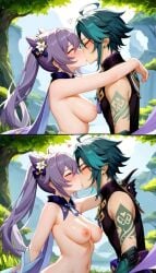 1boy 1girls ai_generated arm_on_shoulder blush breasts closed_eyes female genshin_impact green_hair keqing_(genshin_impact) kissing light_skin long_hair making_out male male/female naked nude outdoor_nudity purple_hair straight tagme xiao_(genshin_impact)