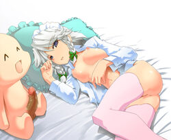 bottomless braid breasts censored nipples open_clothes open_shirt penis saida sakuya_izayoi shirt short_hair silver_hair solo thighhighs touhou twin_braids