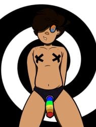 brown_hair drooling hands_behind_back heterochromia hypnosis hypnotic_eyes looking_at_viewer pasties poshie poshmoon rainbow_dildo spiral_background spiral_eyes strap-on strapon