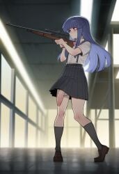 anime anime_drawing animegirl black_blueblurry_hair character_design digital_painting digitalart fanart girl gun holding indoors kneehighslongrifleshirt military originalcharacter shoes skirt socks sol_suspender suspenders tagme weapon white1