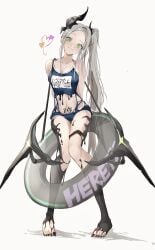 1girl 1girls :3 black_goo black_liquid blush blush_lines fangs floatie goddess_of_victory:_nikke goo gray_hair green_eyes grey_hair happy happy_female heart heart_symbol hearts horn horned_female horns horns_girl leviathan_(nikke) long_hair looking_at_viewer mechanical_parts name_tag one-piece_swimsuit orange_hearts pinjirooo pink_heart pink_hearts ponytail pool_float pubic_tattoo purple_heart purple_heart_(symbol) purple_hearts sharp_toenails solo sukumizu swimsuit thin thin_female torn_clothes torn_clothing torn_swimsuit unknown_liquid white_background