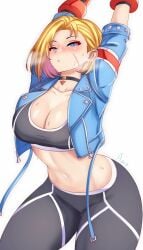 anisdrawn blonde_hair blue_eyes blush breasts cammy_white cleavage crop_top cropped_jacket female highres large_breasts long_hair looking_at_viewer pants scar scar_on_face short_hair street_fighter street_fighter_6 stretching teeth white_background