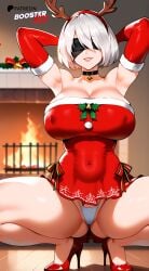 ai_generated bare_shoulders black_choker blindfold boosterred99 choker christmas christmas_clothing christmas_outfit christmas_tree dress handbag high_heels large_legs legs nier:_automata pony_diffusion_xl red_dress santa_costume seductive_smile squat squatting strapless thighs tight_clothes white_hair white_thong yorha_2b yorha_2b_(cosplay)