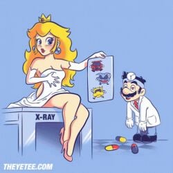 1boy1girl animated artist_request blonde_hair blue_eyes blush butt cleavage clothed_male_nude_female covering_body covering_breasts covering_privates covering_pussy crown dr._mario dr._mario_(series) gloves heart_eyes high_heels hips horny_male mario mario_(series) naked nude princess_peach slightly_embarrassed smile toned_legs towel turned_on undressed