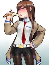 1girls blue_eyes blush brown_hair female female_only food fruit legwear_under_shorts long_hair makise_kurisu misonou_hirokichi pantyhose sexually_suggestive shorts slayer_approved solo steins;gate