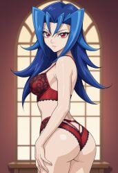 1girls ai_generated ass bangs blue_hair bra bryanjoel colored edit female hand_on_butt kamishiro_rio looking_at_viewer panties rear_view red_eyes rio_kamishiro semi_nude skin_color_change solo underwear yokobono yu-gi-oh! yu-gi-oh!_zexal