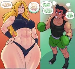 1boy 1boy1girl 1female 1girls abs angry angry_face beauty_mark big_hips black_hair blonde_hair boots boxer boxing_gloves clothed_male cobatsart dialogue english_text female fit fit_female fit_male footwear height_difference larger_female little_mac male metroid muscular nintendo panties punch_out samus_aran shorts size_difference smaller_male solo_female speech_bubble tagme taller_girl tank_top text_bubble thick thick_thighs underwear zipper