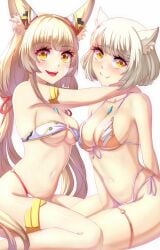 2girls animal_ears anisdrawn bikini blush breasts brown_hair cat_ears cleavage highres medium_breasts mio_(xenoblade) mother_and_daughter multiple_girls nia nia_(blade) swimsuit underboob xenoblade_(series) xenoblade_chronicles_2 xenoblade_chronicles_3 yellow_eyes