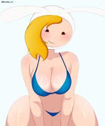 2024 adventure_time akutosai_art bikini blonde_hair blue_background blue_bikini blush breasts brown_eyes cartoon_network cleavage female female_only fionna_and_cake fionna_the_human_girl hat thick_thighs thighs wide_hips