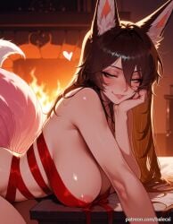 ai_generated animal_ear_fluff animal_ears balecxi blush brown_hair female fox_ears fox_girl fox_tail fugue_(honkai:_star_rail) green_eyes hair_between_eyes heart honkai:_star_rail large_breasts long_hair looking_at_viewer naked_ribbon nipples patreon_username red_ribbon smile solo tingyun_(honkai:_star_rail)