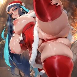 1girls ai_generated ass ass_visible_through_thighs bangs bare_shoulders big_breasts black_hair blue_eyes blush breasts breasts_outside christmas christmas_outfit depressu earrings elbow_gloves gloves hat hoop_earrings huge_breasts jewelry long_hair looking_at_viewer mature_female multicolored_hair nessa_(pokemon) nipples panties parted_lips partially_visible_vulva pokemon pussy red_gloves red_legwear red_panties santa_costume solo standing_on_one_leg sweat teeth thick_thighs thighhighs thighs underwear