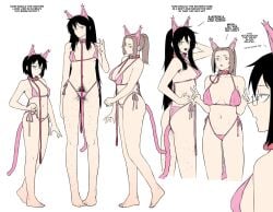 3girls black_hair brown_hair cat_ears cat_tail collar female_only glasses hairy_pussy leash pink_panties pubic_hair pubic_hair_peek string_bikini string_panties yblndr