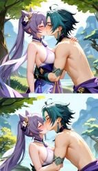 1boy 1girls ai_generated blush female genshin_impact green_hair hugging keqing_(genshin_impact) kissing long_hair making_out male male/female purple_hair shirtless straight tagme xiao_(genshin_impact)