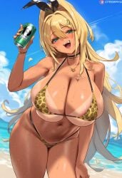 1boy 1girls ai_generated beach big_breasts bikini blonde_hair goddess_of_victory:_nikke green_eyes gyaru large_breasts ponytail rupee_(nikke) sweat tan-skinned_female tan_body tan_skin tharkica