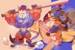 absurd_res anthro armpit_hair backwards_baseball_cap backwards_hat ball balls barazoku baseball_(ball) baseball_bat baseball_cap baseball_uniform bat_(object) big_balls big_bulge big_muscles big_penis blue_clothing bodily_fluids body_hair brown_body brown_fur bulge canid canine clothing cum disney duo ejaculation english_text felid fluffy fluffy_tail footwear fox fur genital_fluids genitals geometric_background hair handjob hat headgear headwear hi_res huge_muscles humanoid_genitalia humanoid_penis jockstrap larger_anthro larger_male leodore_lionheart lion long_socks male male/male mammal mane mane_hair masturbation muscular muscular_anthro muscular_male musk nick_wilde orange_body orange_fur pantherine penile penis penis_size_difference red_clothing sex short_stack simple_background size_difference smaller_anthro smaller_male smile smiling_at_another smiling_at_each_other smiling_at_partner socks sportswear sweat sweatdrop tail tan_body tan_fur text text_on_clothing text_on_object underwear uniform vaniwall white_body white_clothing white_fur zootopia