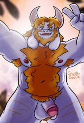 2024 anthro armpit_hair asgore_dreemurr balls beard big_balls body_hair boss_monster_(undertale) bovid caprine chest_hair colored digital_drawing_(artwork) digital_media_(artwork) facial_hair fur genitals gesture ghostlybeef goat hand_gesture hi_res horn humanoid_genitalia long_ears looking_at_viewer male male_only mammal nipples nude penis smile solo undertale undertale_(series) v_sign